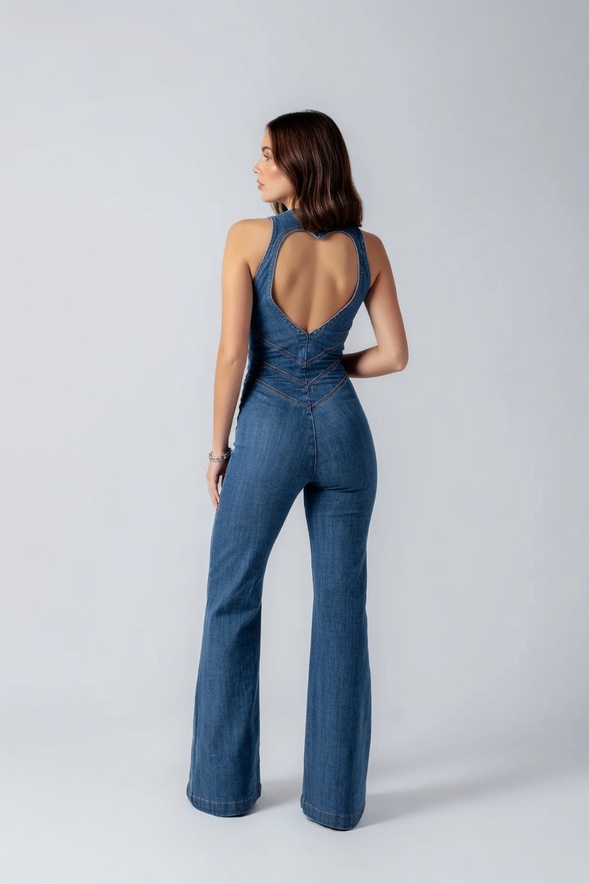Retro Denim Jumpsuit Dames Slim Fit Stretch V-Hals
