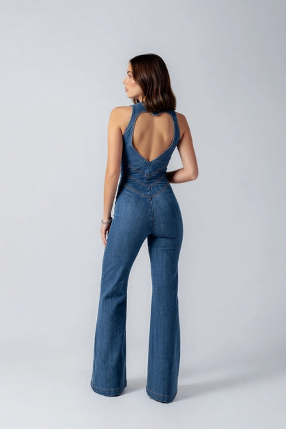 Retro Denim Jumpsuit Dames Slim Fit Stretch V-Hals