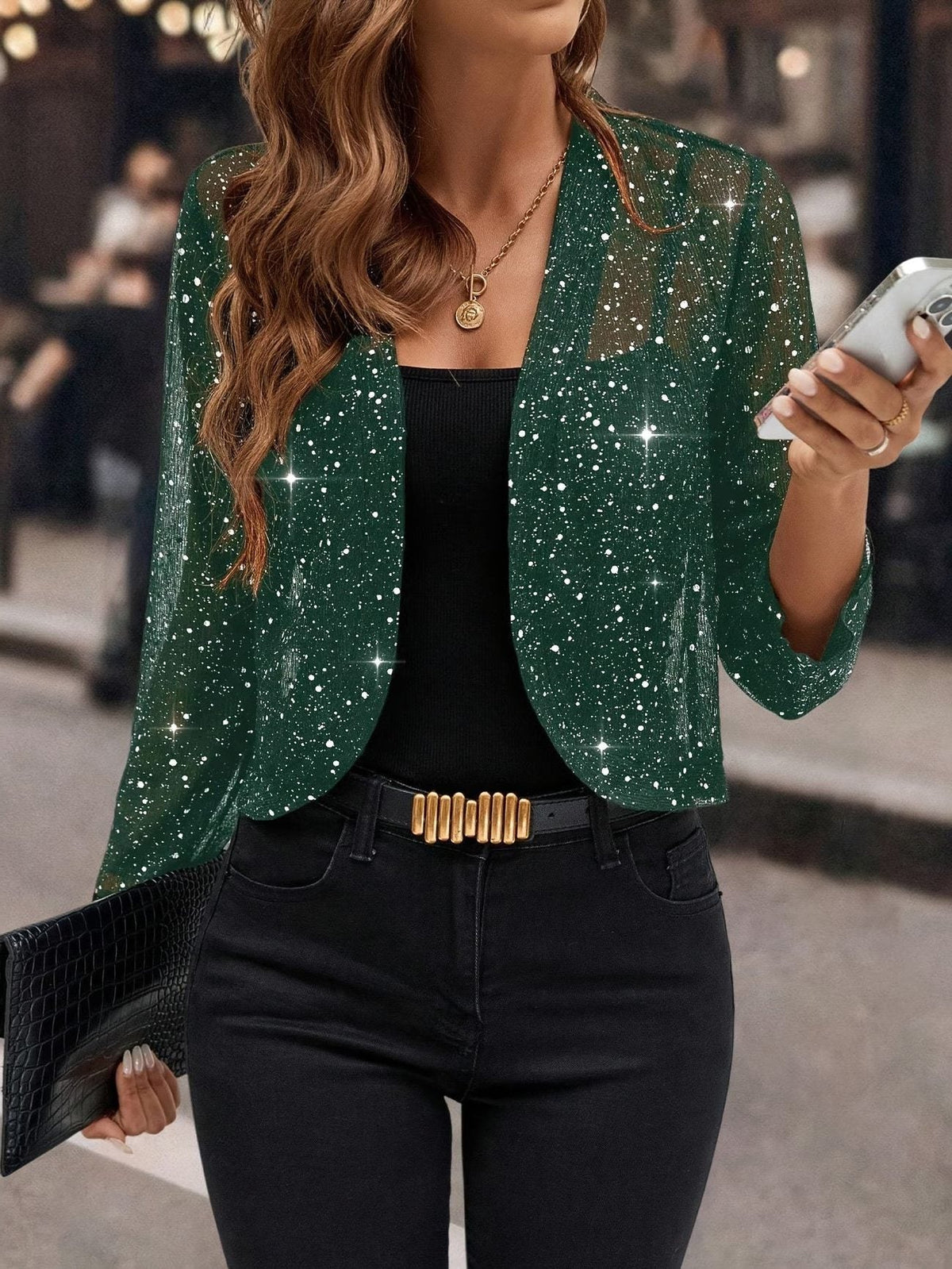 Dames Pailletten Vest – Kort Open Vestje met Sprankelende Look