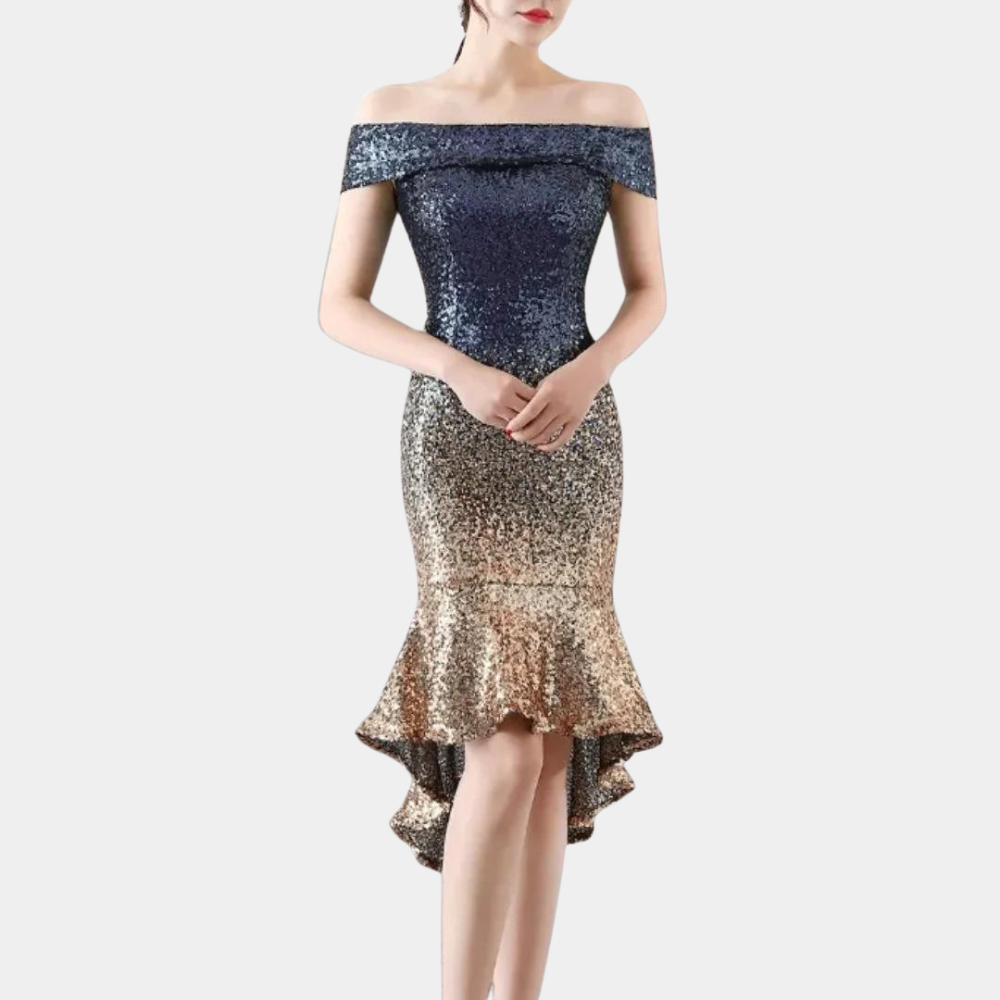 Sterrenpracht Dames Paillettenjurk – Off-Shoulder Feestjurk met Volants