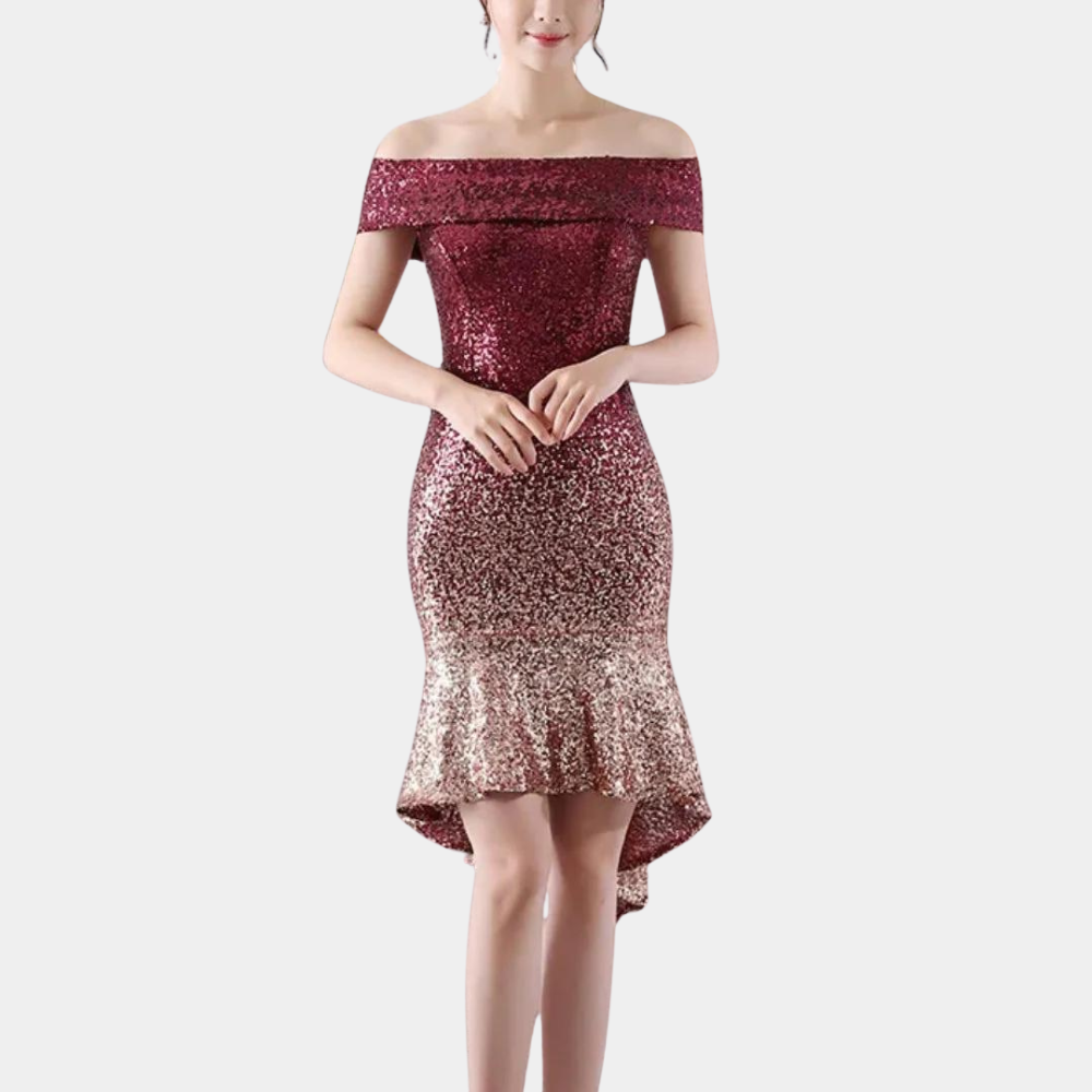 Sterrenpracht Dames Paillettenjurk – Off-Shoulder Feestjurk met Volants
