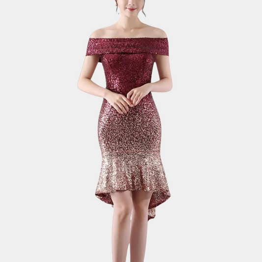 Sterrenpracht Dames Paillettenjurk – Off-Shoulder Feestjurk met Volants
