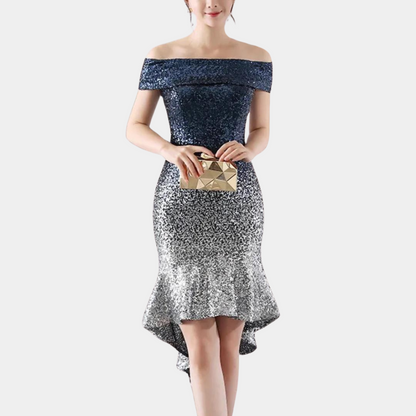 Sterrenpracht Dames Paillettenjurk – Off-Shoulder Feestjurk met Volants