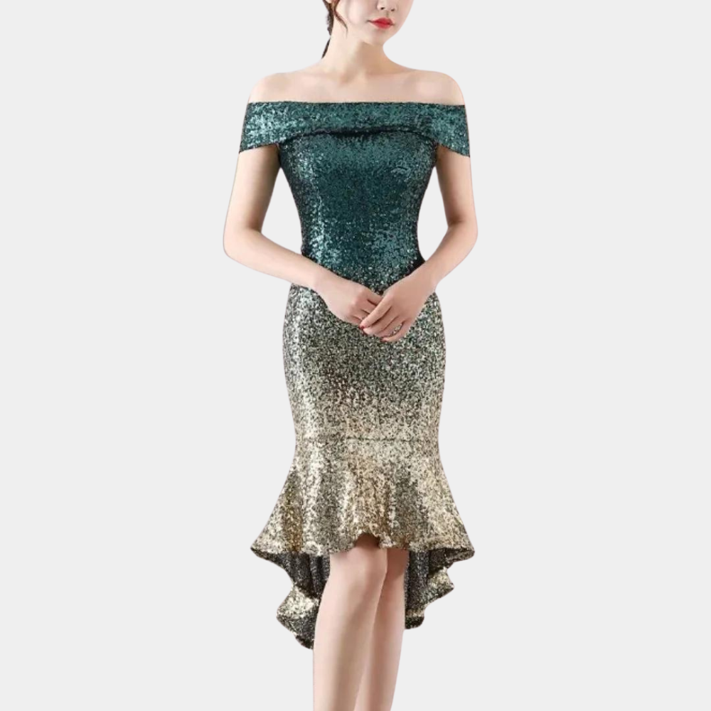Sterrenpracht Dames Paillettenjurk – Off-Shoulder Feestjurk met Volants