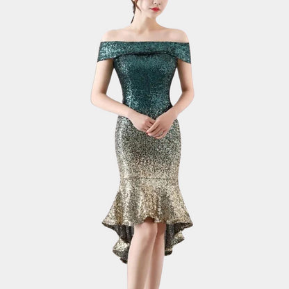 Sterrenpracht Dames Paillettenjurk – Off-Shoulder Feestjurk met Volants
