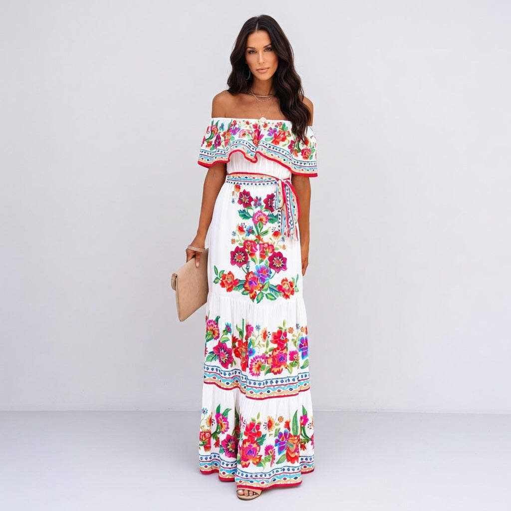 Solmira Maxi Jurk Dames – Off-Shoulder Bloemenprint Zomer