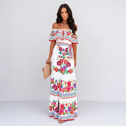 Solmira Maxi Jurk Dames – Off-Shoulder Bloemenprint Zomer
