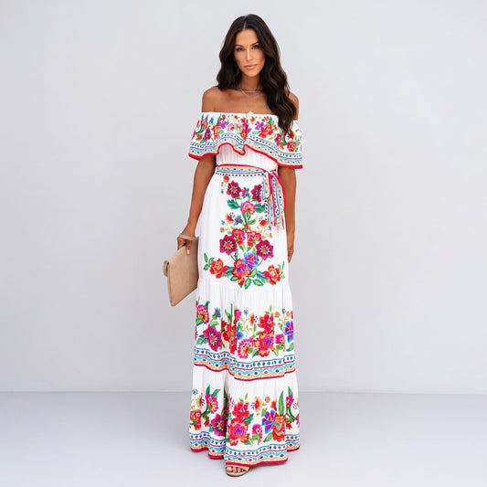 Solmira Maxi Jurk Dames – Off-Shoulder Bloemenprint Zomer