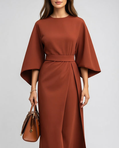 Lunareva Midi Jurk met Ceintuur en Driekwart Mouwen Elegant