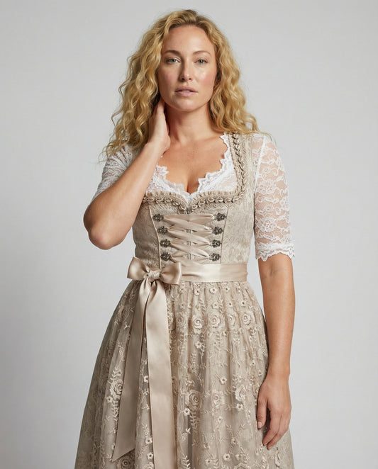 AlpenBloem Dames Dirndl Jurk met Kanten Blouse en Schort