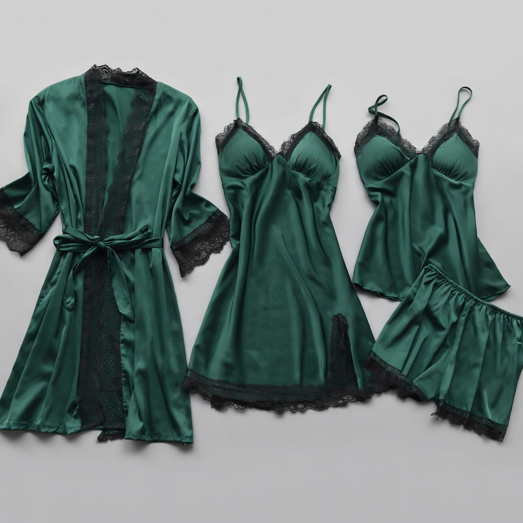 Silvéra Dames Satijnen Pyjama Set met Kant en Kimono