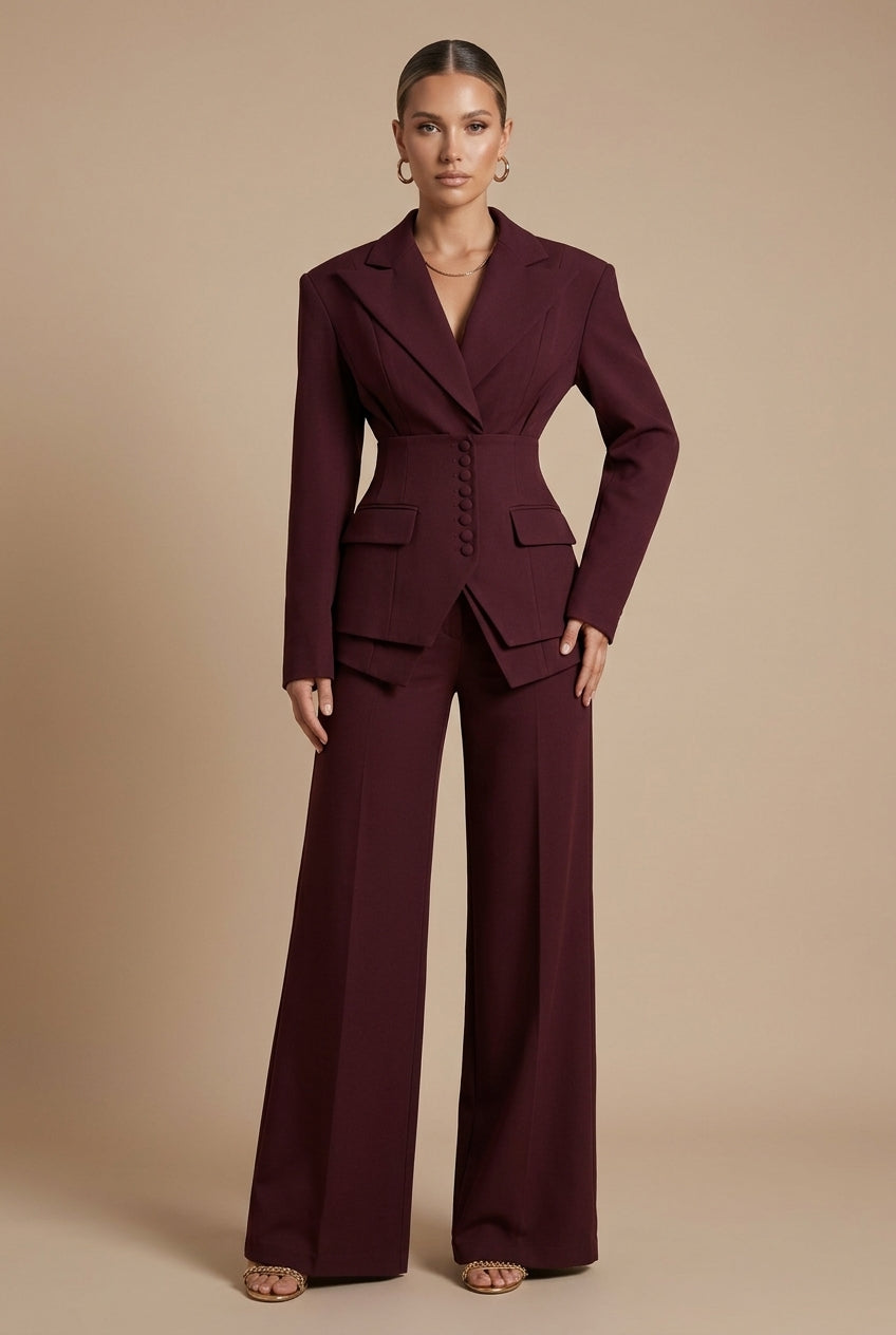 Elara Dames Pakset – Getailleerde Blazer en Wijde Broek