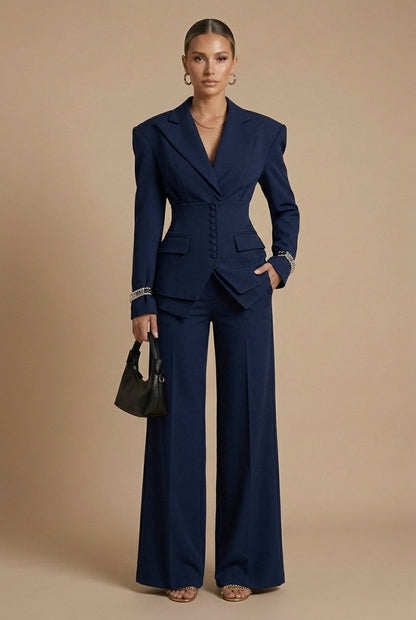 Elara Dames Pakset – Getailleerde Blazer en Wijde Broek