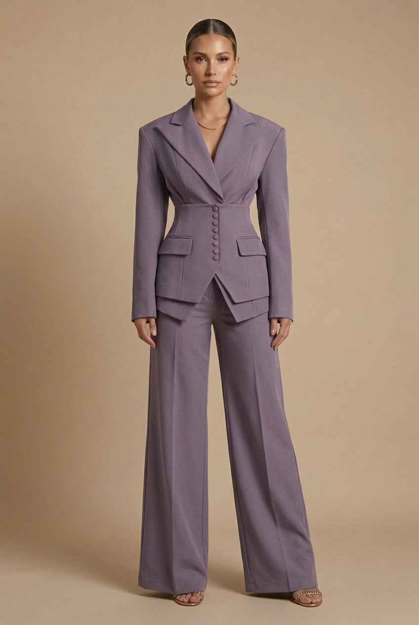 Elara Dames Pakset – Getailleerde Blazer en Wijde Broek