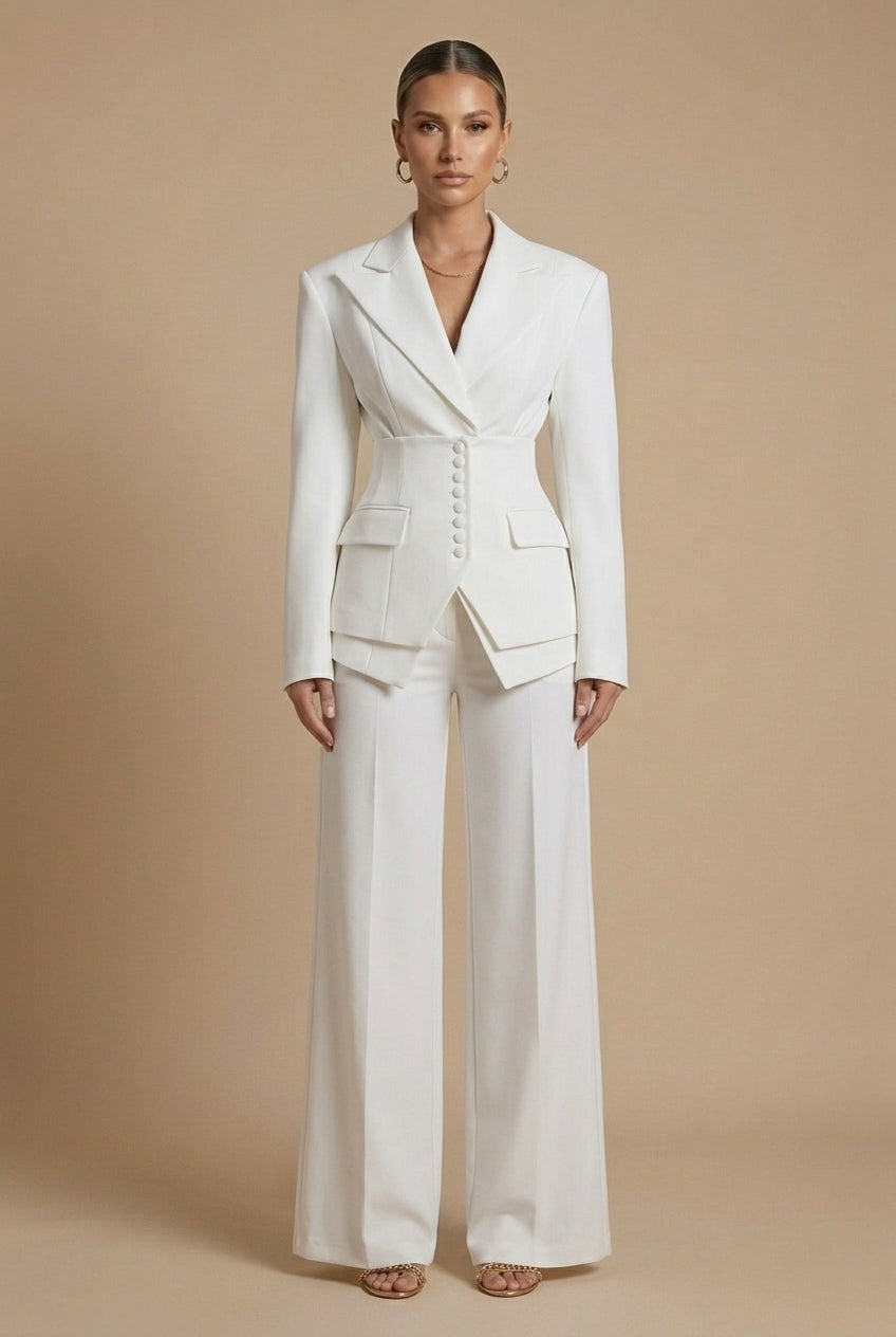 Elara Dames Pakset – Getailleerde Blazer en Wijde Broek