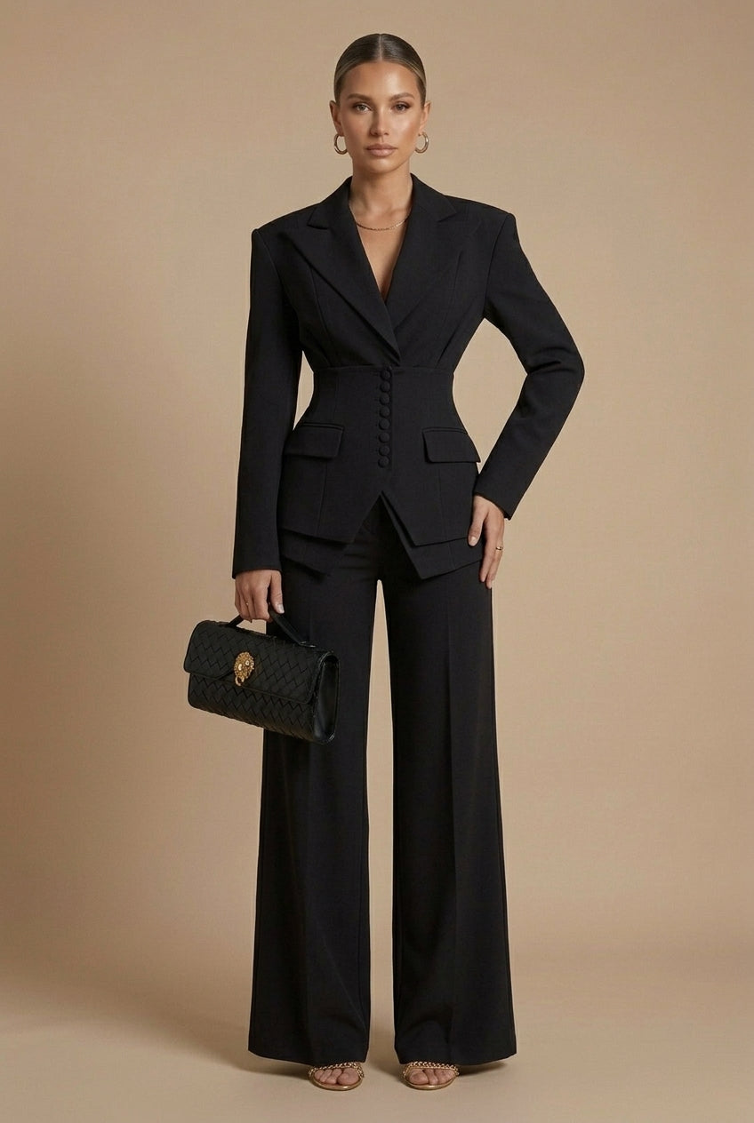 Elara Dames Pakset – Getailleerde Blazer en Wijde Broek