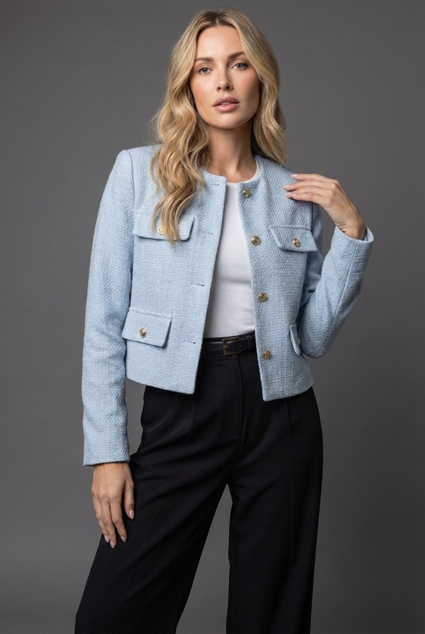 Victoria | Dames Tweed Cropped Blazer Ronde Hals Gouden Knopen