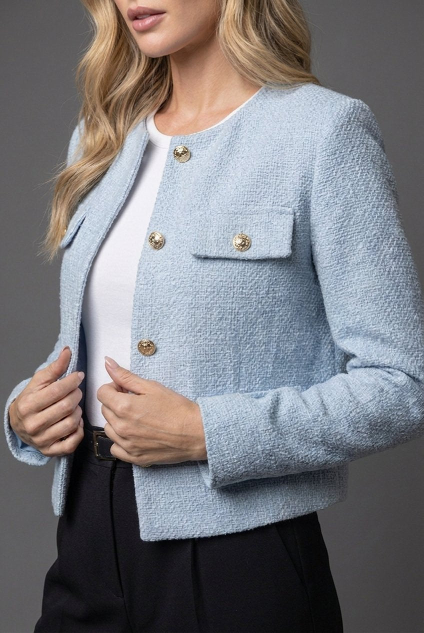 Victoria | Dames Tweed Cropped Blazer Ronde Hals Gouden Knopen
