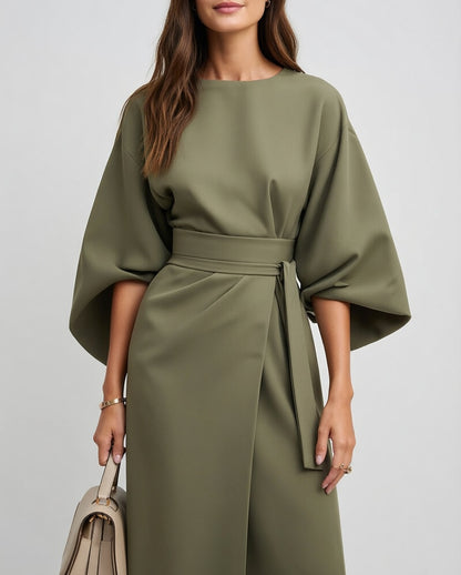 Lunareva Midi Jurk met Ceintuur en Driekwart Mouwen Elegant