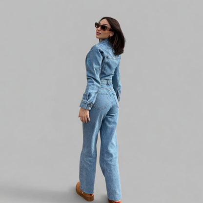 Novira denim jumpsuit dames casual stretch met knoopsluiting